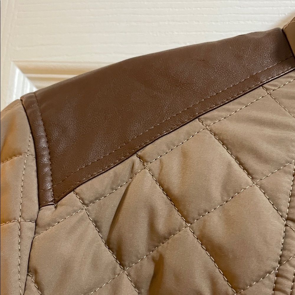 Lauren Ralph Lauren Faux-Leather-Trim Quilted Brown/Tan Jacket - Picture 14 of 15